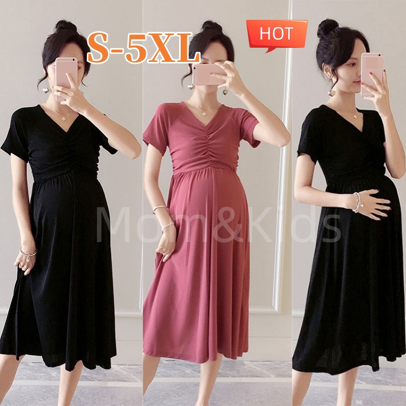 Mom & Kids S-5XL คอวีชุดคลุมท ้ อง Retro ยืด Slim-fit ช ่ วงการตั ้ งครรภ ์ จีบชุดคลุมท ้ อง – โปรปัง