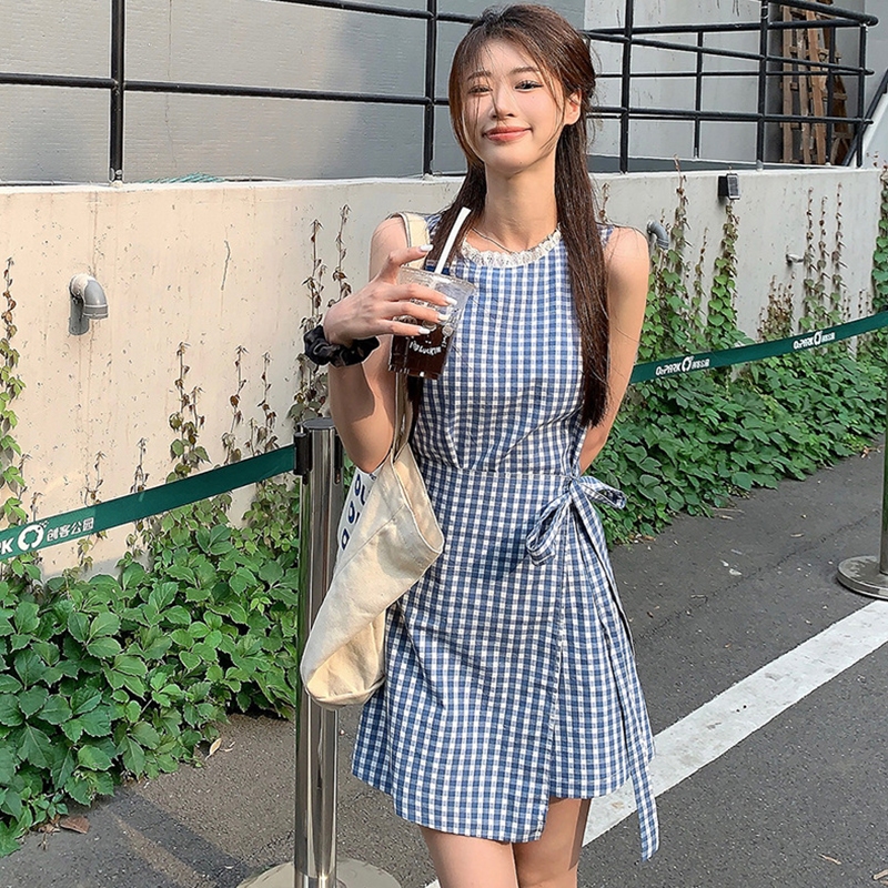Gjcute O-คอแขนกุดลายสก ๊ อต One ชิ ้ นชุดฤดูร ้ อนผู ้ หญิง Casual A-Line ชุด WTD