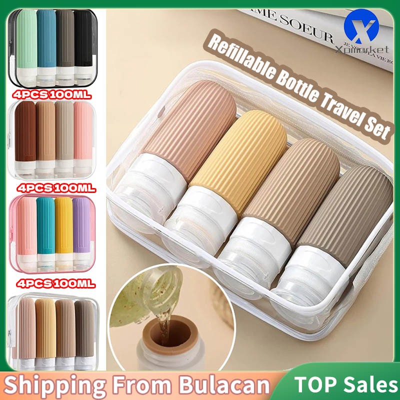 Xpmarket 4ชิ้นซิลิโคนขวดเดินทางแบบพกพาขวดชุด100มิลลิลิตรขวดรีฟิลชุดเดินทางซิปแพ็คภาชนะของเหลว