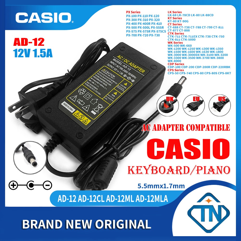 12V 1.5A AD-12 AD-12CL อะแดปเตอร์ AC สำหรับ Casio CPS-60 PX-575(R/CS) PX-700 PX-720 PX-720 CTK-1000 คีย์บอร์ดสายไฟเปียโนอิเล็กทรอนิกส์