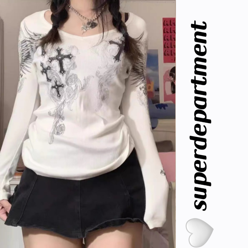 Super- เสื้อครอปท็อป แขนยาว ผ้าถัก สีขาว สําหรับผู้หญิง เสื้อยืดผู้หญิง y2k