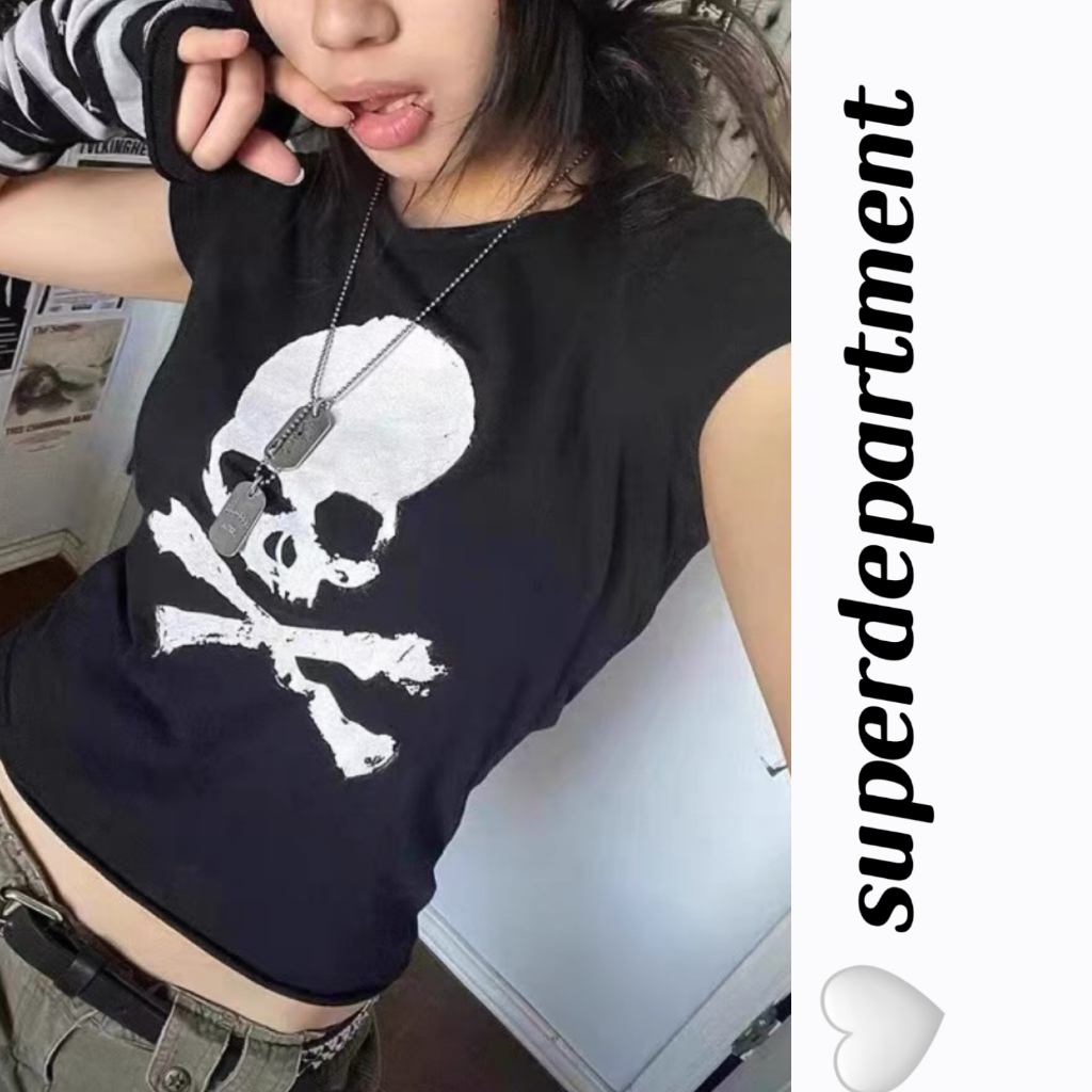 ❉GX♠y2k Women Fashion Round Neck Skull Print Knitting Party Casual Tops Elastic Shirts