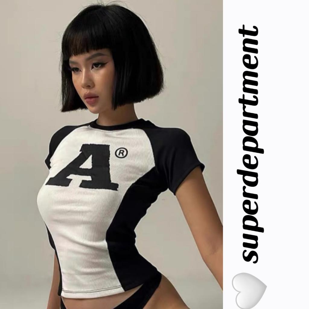 Super- เสื้อคอกลม แขนสั้น พิมพ์ลายตัวอักษร สีตัดกัน ฤดูร้อน สําหรับผู้หญิง