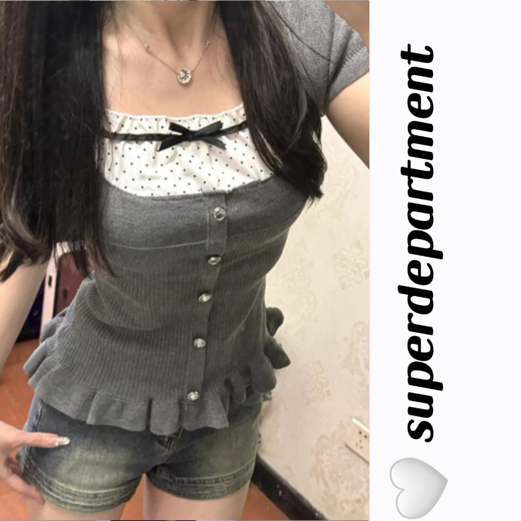 Super-เสื้อเชิ้ตถัก แขนสั้น คอสี่เหลี่ยม พิมพ์ลายจุด สําหรับผู้หญิง Y2K