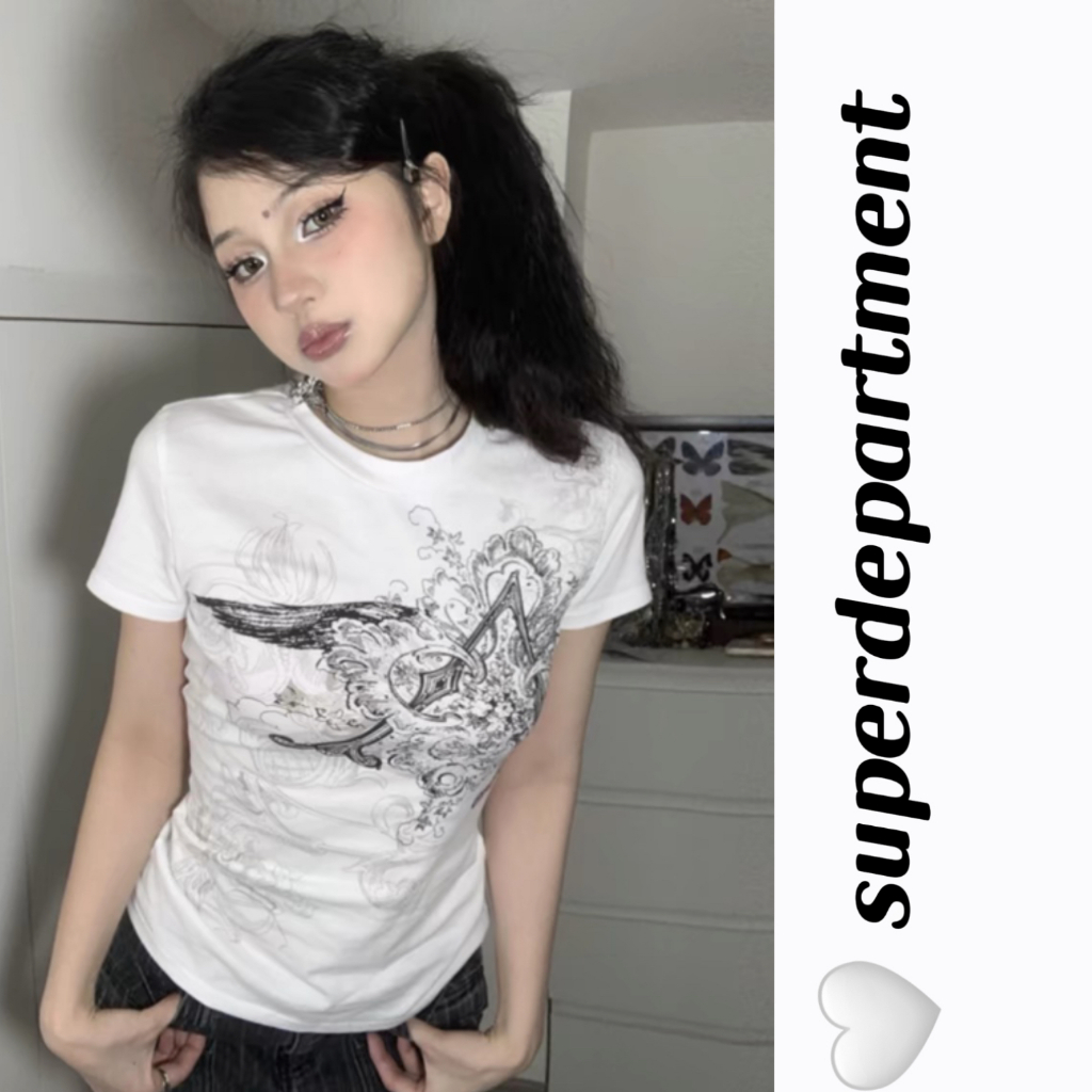 Super- เสื้อยืดลําลอง แขนสั้น คอกลม พิมพ์ลาย สไตล์วินเทจ สําหรับสตรี Y2K