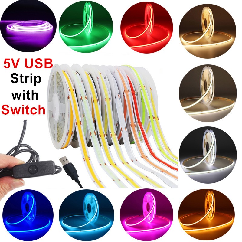 ไฟ LED USB 5V พร ้ อมสวิตช ์ เปิด 320LEDs/m ไฟ LED COB แบบยืดหยุ ่ นไฟตกแต ่ งไฟรถยนต ์