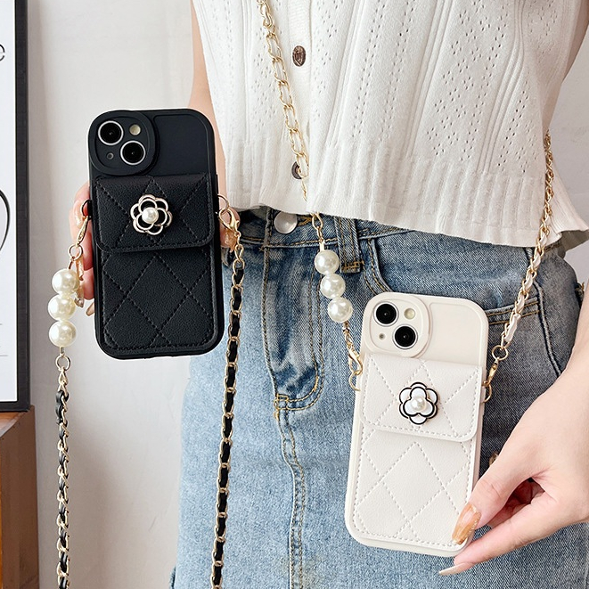 Luxury Camelliaขนมเปียกปูนกระเป๋าสตางค์สําหรับiPhone 15 14 13 12 11 Pro Max XR XS 7 8 Plus PearlหนังCrossbody Lanyard Cover