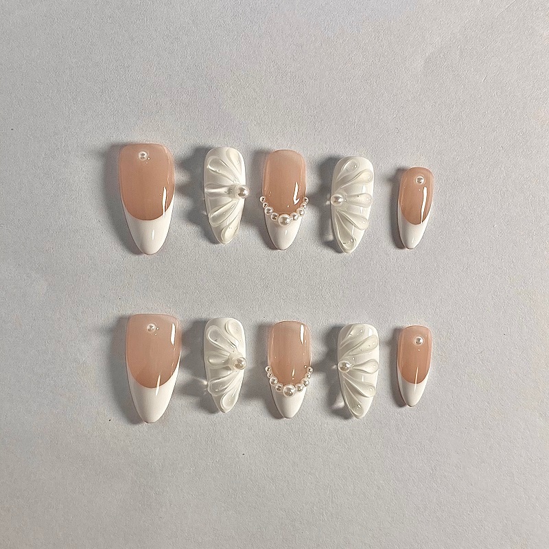 HANDMADEArtificial Nail French Almond Transparent Wings Phototherapy Nails เล็บปลอมเล็บนํากลับมาใช้ใ
