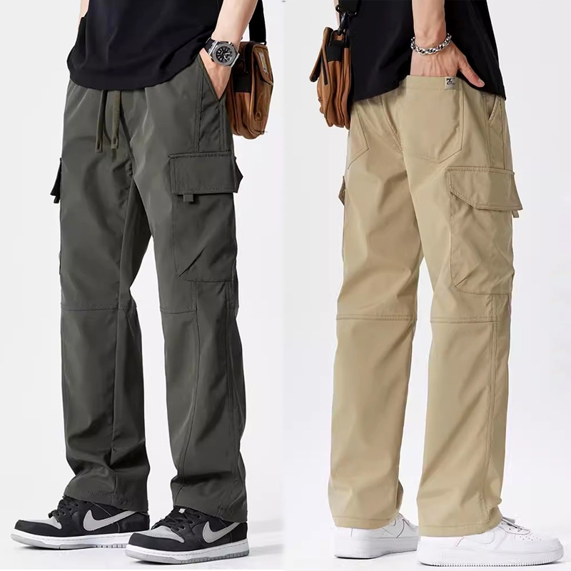 กางเกงคาร์โก้ผู้ชาย กางเกงขายาวคาร์โก้สไตล์อเมริกันลำลองที่มีกระเป๋าหลายช่องขนาดบวกอย่างมีสไตล์ กางเกงขายาวผู้ชาย