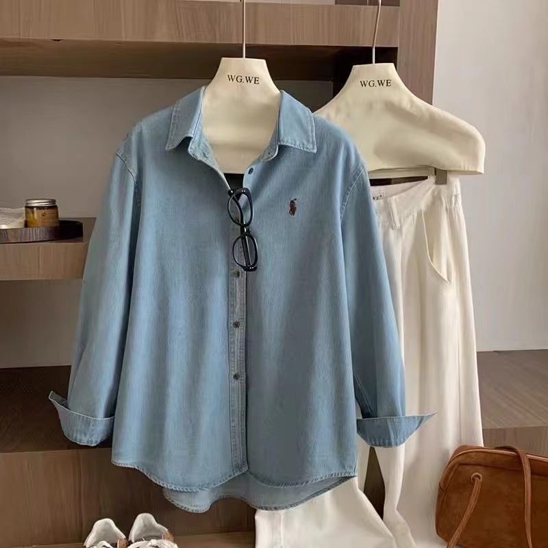 สไตล์เกาหลีผู้หญิงสุภาพสตรียีนส์หลวมขนาดใหญ่ Baggy เสื้อเชิ้ตแขนยาวเสื้อ Baju Wanita Panjang ใหม่พร้อมสต็อก