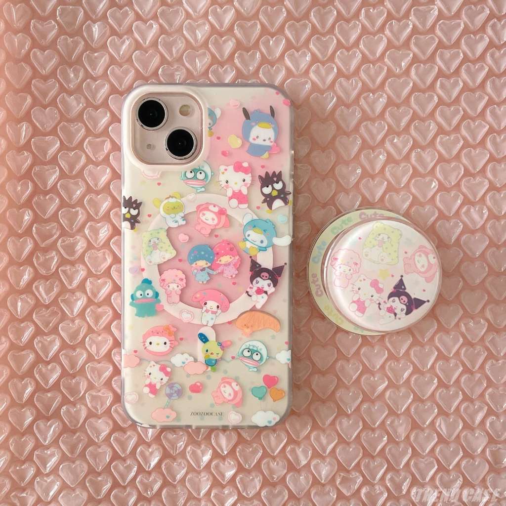 SANRIO การ์ตูนน่ารักsanrio Magnetic Bracketเคสโทรศัพท์สําหรับiPhone 15 14 13 12 Pro Maxกันกระแทกอะคริลิคกลับปกอ่อน
