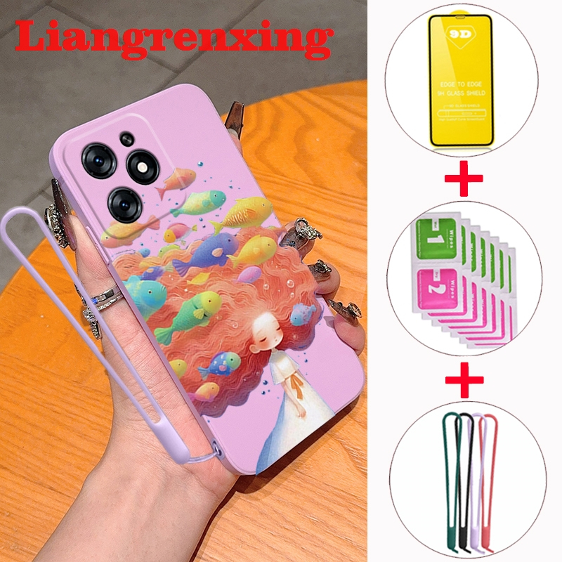 FREE กระจกนิรภัยcasing infinix smart 8 tecno spark go 2024 hot 40i spark 20c 5g 2023 เคสโทรศัพท์ Softcase Liquid Silicone Cover ดีไซน์ใหม่การ์ตูน Fish Girl YTMNHY01