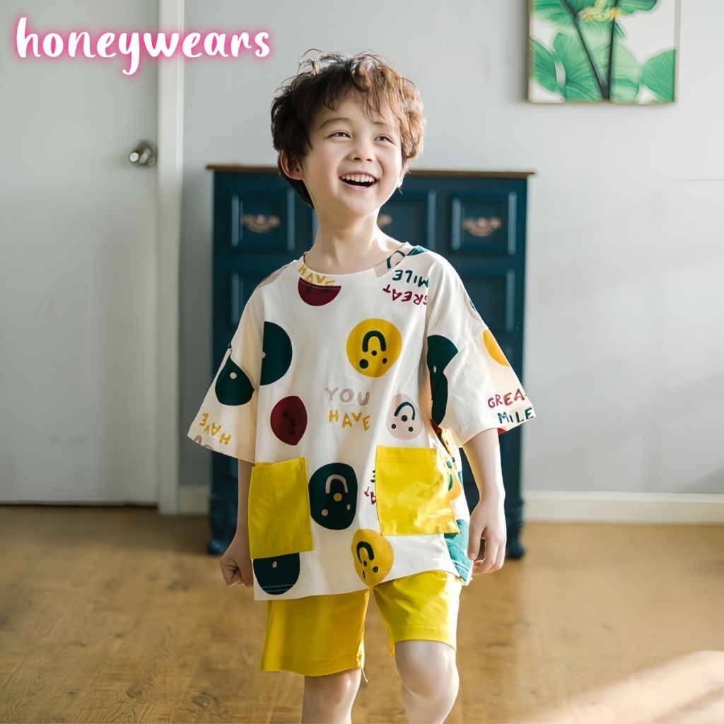 honeywears พร้อมส่ง ชุดนอนเด็กแฟชั่น คอกลมแขนสั้นกางเกงขาสั้น สไตล์เกาหลี ใส่สบาย ฤดูร้อน ไซส์ 110-150