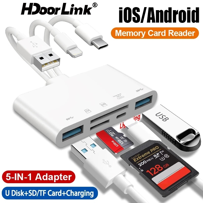 Hdoorlink 5in1 เครื่องอ่านการ์ดสําหรับ IOS Type C อะแดปเตอร์กล้อง Micro TF SD เครื่องอ่านการ์ด U Disk กล้อง Viewer