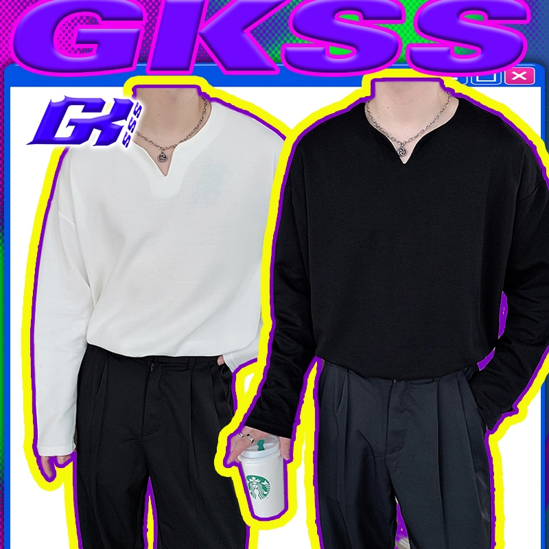 GKSSS เสื้อยืดแขนยาว คอวี ทรงหลวม สีพื้น เข้ากับทุกการแต่งกาย แฟชั่นฤดูใบไม้ผลิ และฤดูร้อน สไตล์เกาหลี สําหรับผู้ชาย