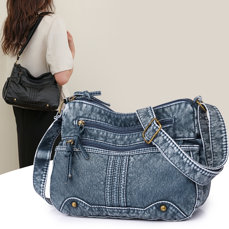 กระเป๋าสะพายสุภาพสตรี กระเป๋าสีเดนิม กระเป๋าซิป กระเป๋า Messenger PU หญิงกระเป๋า Casual All-Match กระเป๋า