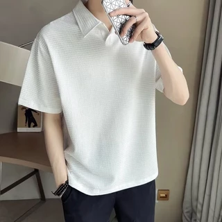 Proman-🔥【จำกัดเวลา89- C0D】เสื้อโปโลแขนสั้น ผ้าเรยอน ลายวาฟเฟิล แฟชั่นสไตล์เกาหลี สําหรับผู้ชาย COD
