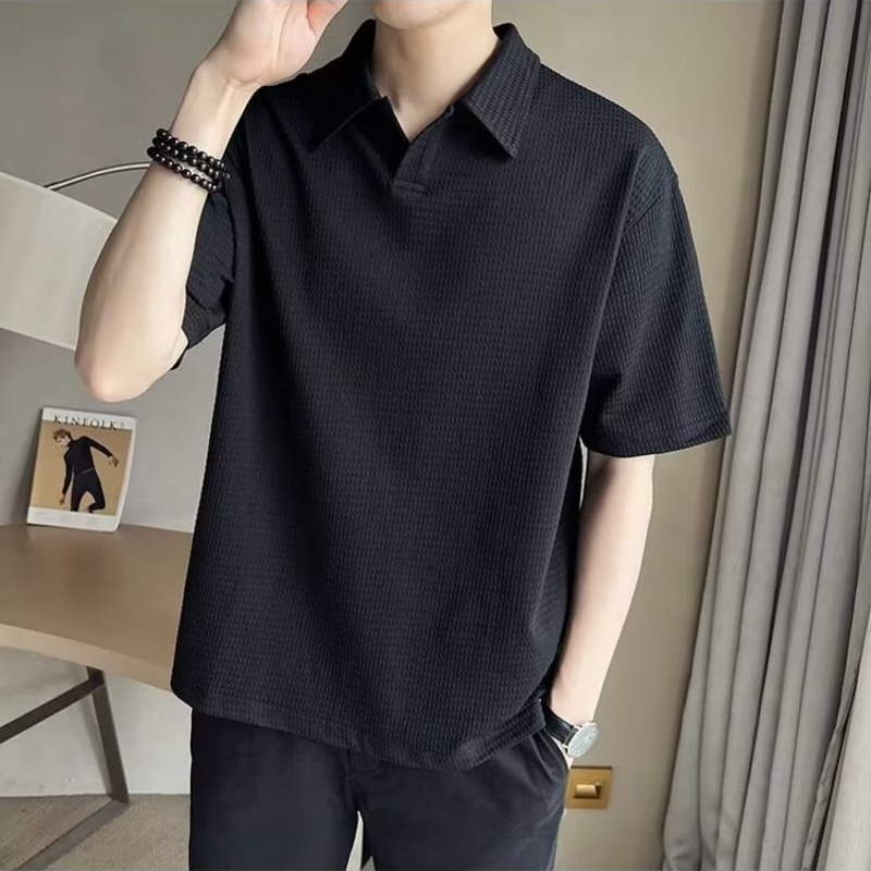 Proman-🔥【จำกัดเวลา89- C0D】เสื้อโปโลแขนสั้น ผ้าเรยอน ลายวาฟเฟิล แฟชั่นสไตล์เกาหลี สําหรับผู้ชาย COD