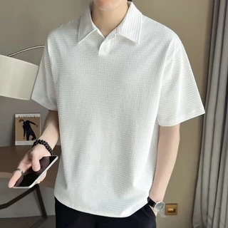 Proman-🔥【จำกัดเวลา89- C0D】เสื้อโปโลแขนสั้น ผ้าเรยอน ลายวาฟเฟิล แฟชั่นสไตล์เกาหลี สําหรับผู้ชาย COD