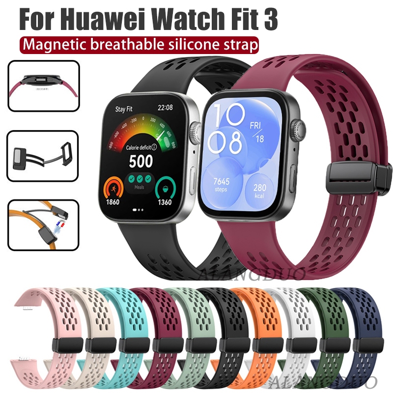 หัวเข็มขัดแม่เหล็กสําหรับ Huawei Watch Fit 3 Smartwatch เปลี่ยนสายรัดข้อมือ Soft bold สร้อยข้อมือสําหรับนาฬิกา Huawei Fit3 สร้อยข้อมือระบายอากาศนุ่ม