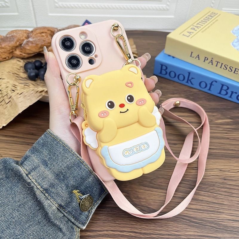กระเป๋าการ์ดหมีสีเหลืองน้อยน่ารักพร้อมเคสสําหรับ Iphone 16 15 14 14 Pro 14 Pro Max 11 12 promax 13 Pro Max เคสโทรศัพท์แบบนุ่ม