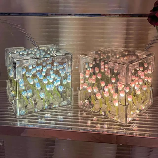 🚀ประเทศไทย🚀 20pcs Tulip Nightlight Handmade DIY วัสดุ Cube ทิวลิปกระจกตกแต ่ งห ้ องนอนบรรยากาศโคมไฟวันวาเลนไทน ์ ของขวัญวันเกิด