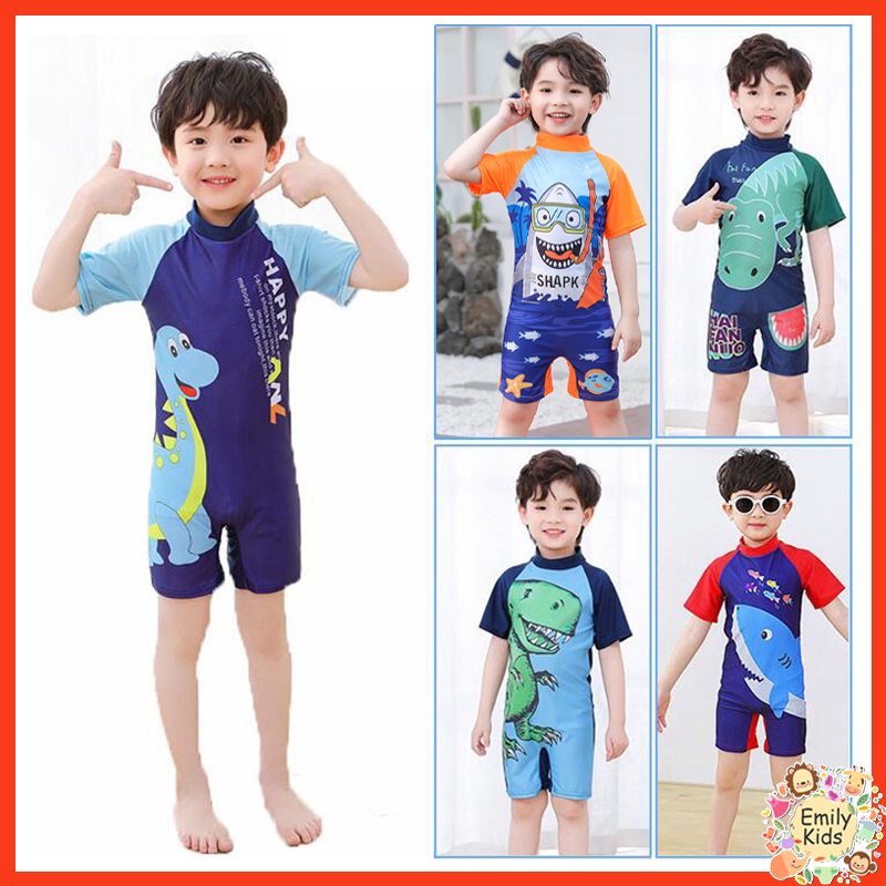 พร้อมส่ง ใหม่ ชุดว่ายน้ําวันพีช แขนสั้น กันแดด ลายการ์ตูนไดโนเสาร์ แฟชั่นฤดูร้อน สําหรับเด็กผู้ชาย อายุ 3-10 ปี