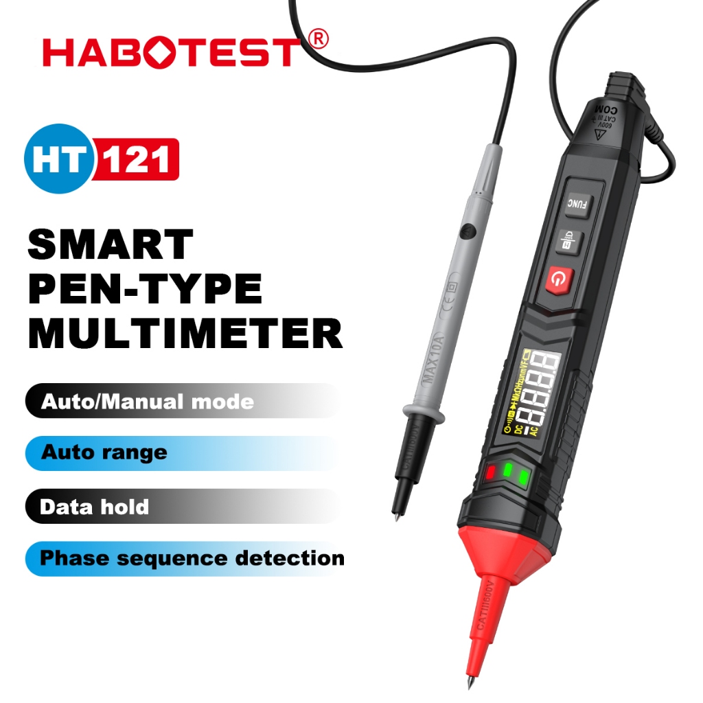 Habotest HT121 ปากกาประเภทมัลติมิเตอร์แบบดิจิตอล 600V DC/AC เครื่องทดสอบแรงดันไฟฟ้า True RMS 4000 นับโวลต์มิเตอร์ Live Wire & การตรวจจับลําดับเฟส