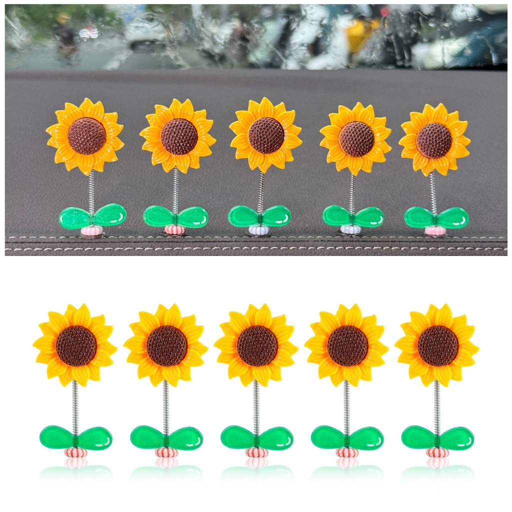 หัวดอกทานตะวัน 5 ชิ้น - เครื่องประดับดอกทานตะวันตลก - การตกแต่งกระจกมองหลังภายในรถ - การตกแต่งอัตโนมัติ DIY ที่สร้างสรรค์ - ของเล่นสวิงสปริงดอกทานตะวั