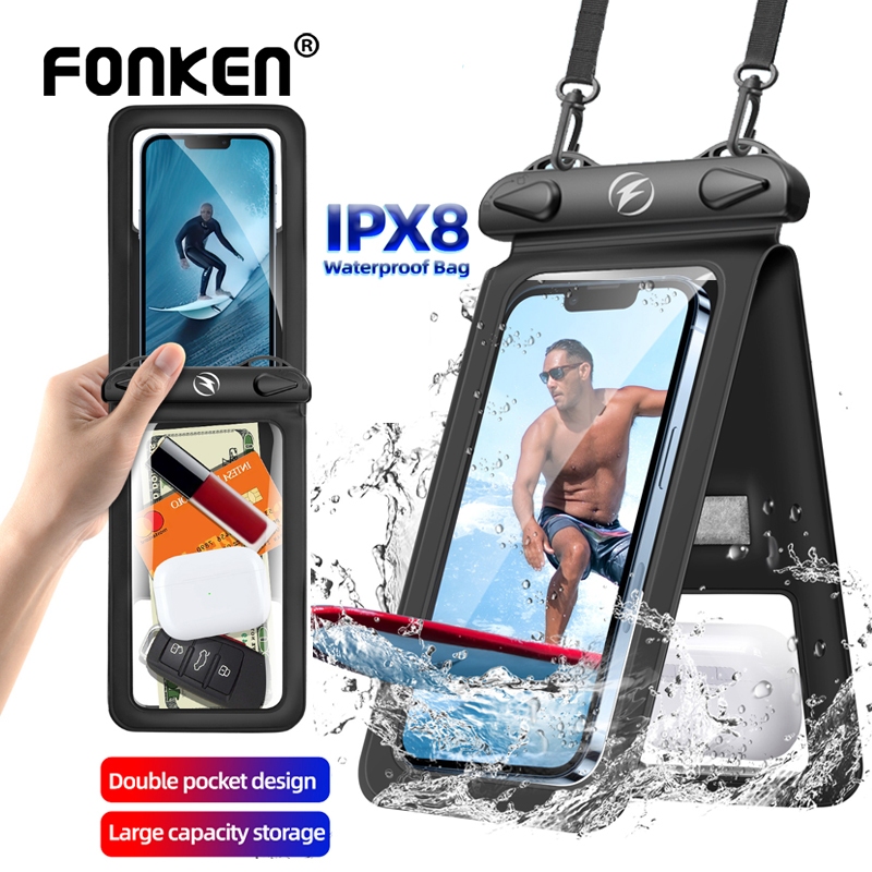 Fonken กระเป๋าใส่โทรศัพท์มือถือ IPX8 กันน้ํา หน้าจอสัมผัส แบบแห้งเร็ว สําหรับว่ายน้ํา สูงสุด 7.5 นิ้ว