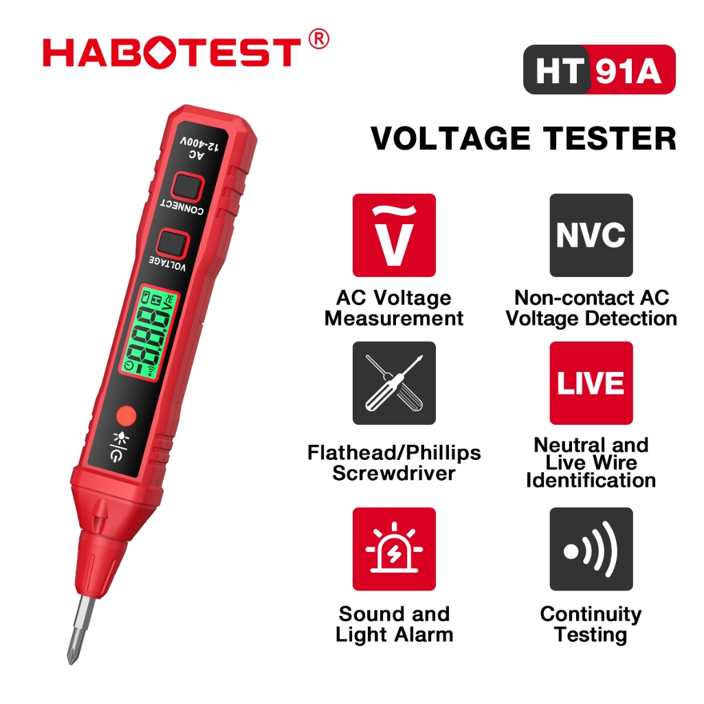 Habotest HT91A เครื่องตรวจจับแรงดันไฟฟ้า AC NCV 12 ~ 400V ประเภทปากกาเครื่องทดสอบแรงดันไฟฟ้าสําหรับ Live/Null ลวดไฟฉายจอแสดงผล LCD Breakpoint Finder วันที่ถือ