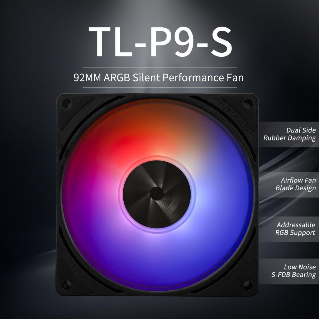 Thermalright TL-P9-S ARGB สีดํา 92 มม.พัดลมCPUคอมพิวเตอร์แชสซีพัดลมQuiet 2200RPMความเร็ว 4PIN PWMพัดลมPCประสิทธิภาพสูงเงียบCoolerพัดลมCPUพัดลมระบายความร้อน