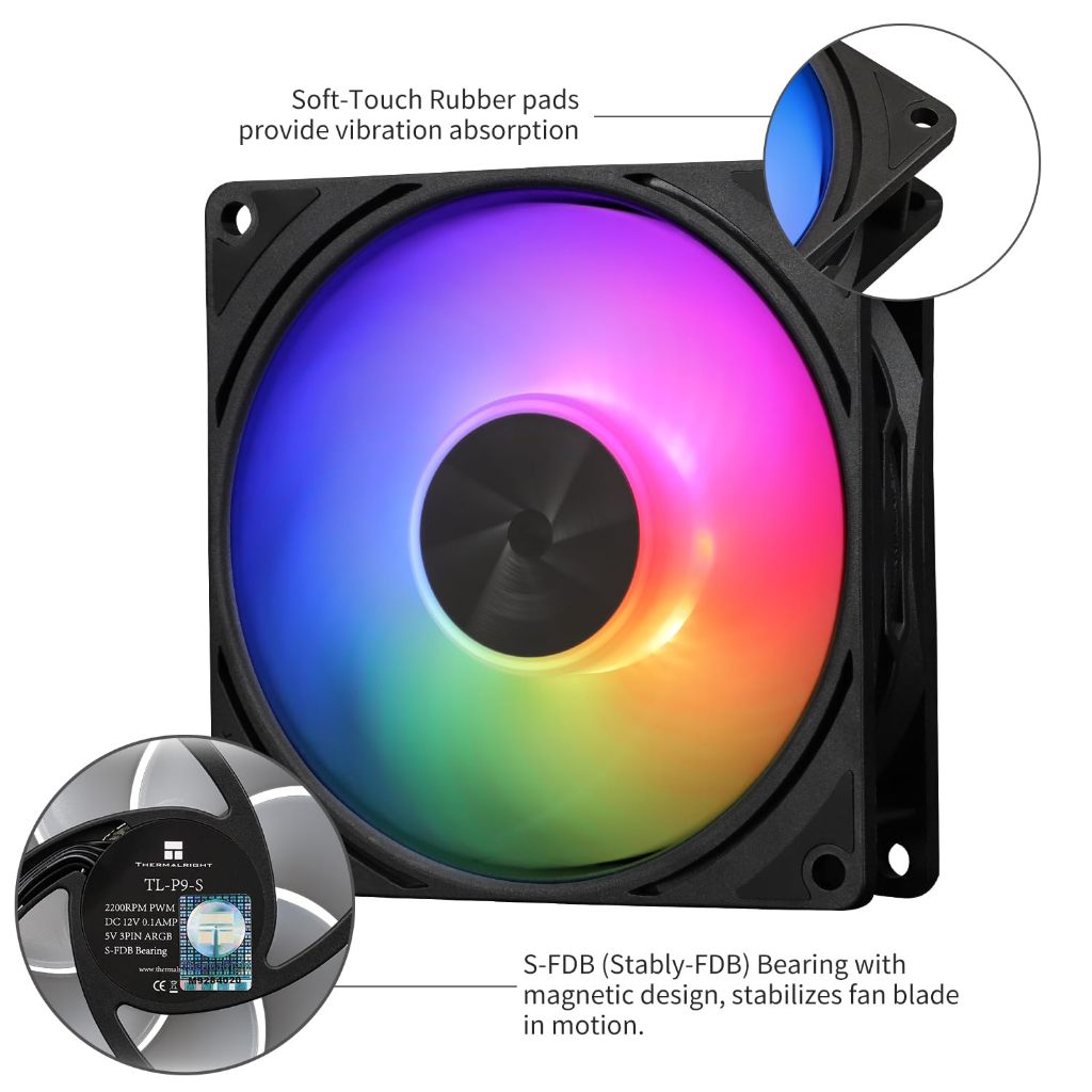Thermalright TL-P9-S ARGB สีดํา 92 มม.พัดลมCPUคอมพิวเตอร์แชสซีพัดลมQuiet 2200RPMความเร็ว 4PIN PWMพัดลมPCประสิทธิภาพสูงเงียบCoolerพัดลมCPUพัดลมระบายความร้อน
