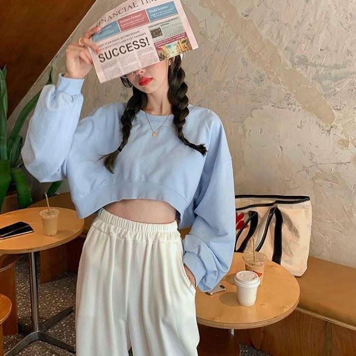 【WJZ】 4สี*เสื้อครอปแขนยาวทรงหลวมสไตล์เกาหลี，เสื้อกันหนาวผ้าฝ้ายนุ่ม【6848】 - รูปที่ 5