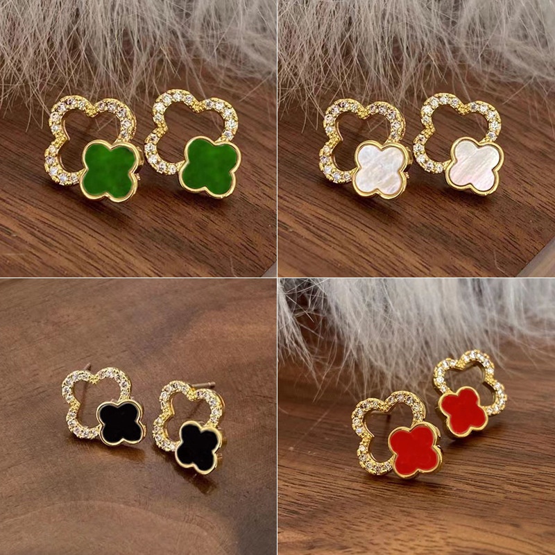 แฟชั ่ นเกาหลีสี ่ Clover Leaf ดอกไม ้ คริสตัลต ่ างหูสตั ๊ ดผู ้ หญิง Lucky เครื ่ องประดับวันเกิดของขวัญวันวาเลนไทน ์