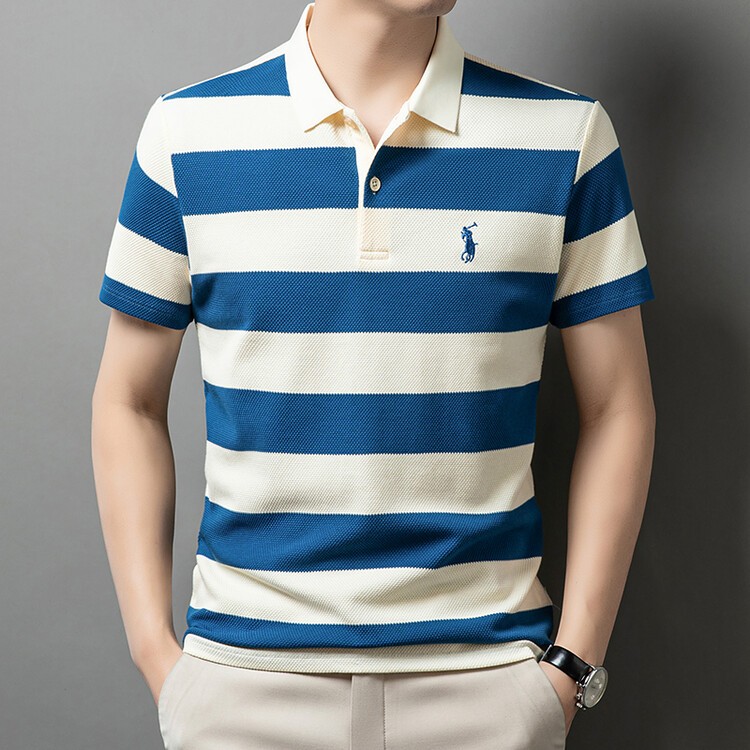 poloSummer เสื้อโปโลผู้ชายผ้าฝ้ายแท้ลายทางเสื้อยืดแขนสั้นมีพื้นผิวที่ดีมาก