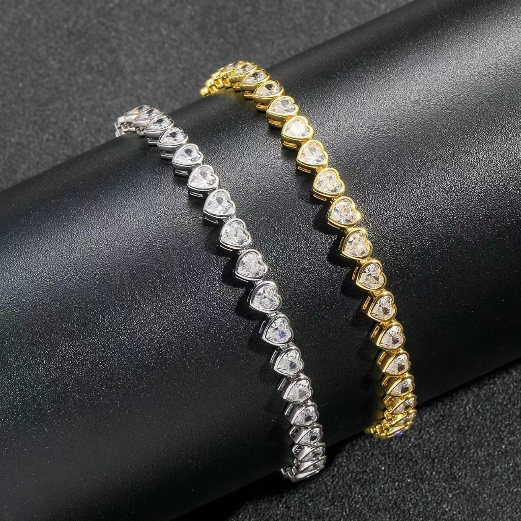 GOLD STAR 5A Zirconia สร้อยข้อมือเทนนิสหัวใจสําหรับผู้ชายและผู้หญิงเครื่องประดับแฟชั่น 18K Gold Silv