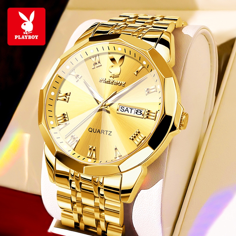 PLAYBOY นาฬิกา ผู้ชาย แฟชั่น watch 100% แท้ นาฬิกาข้อมือกันน้ำได้ ควอตซ์ สายสเตนเลส แสงสว่าง 3502-J