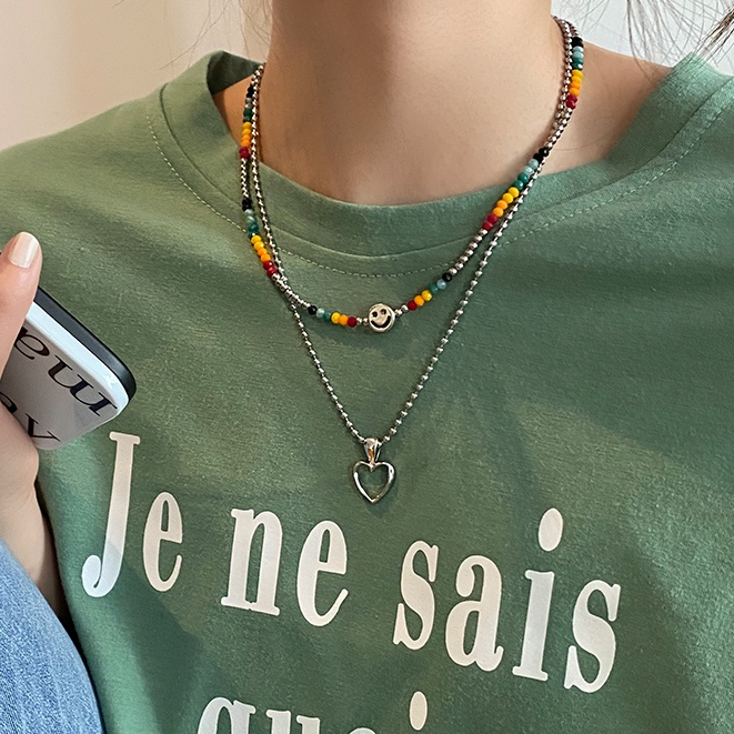 สร้อยคอโชคเกอร์ สองชั้น ประดับลูกปัด ลายหน้ายิ้ม สไตล์ฮิปฮอป สําหรับผู้ชาย และผู้หญิง