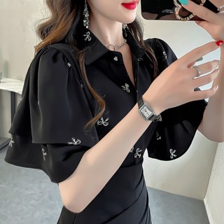 เสื้อชีฟองพิมพ์ลายโบว์ สำหรับผู้หญิง แขนสั้น นัวเนีย ลำลอง ห…