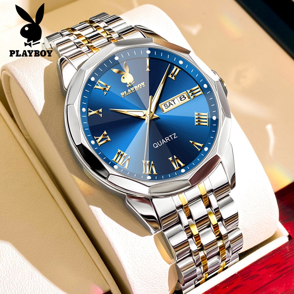 PLAYBOY นาฬิกา ผู้ชาย แฟชั่น watch 100% แท้ นาฬิกาข้อมือกันน้ำได้ ควอตซ์ สายสเตนเลส แสงสว่าง เรียบง่าย แนวโน้ม 3502-L