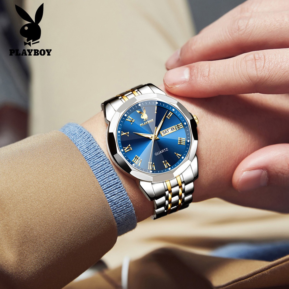 PLAYBOY นาฬิกา ผู้ชาย แฟชั่น watch 100% แท้ นาฬิกาข้อมือกันน้ำได้ ควอตซ์ สายสเตนเลส แสงสว่าง เรียบง่าย แนวโน้ม 3502-L