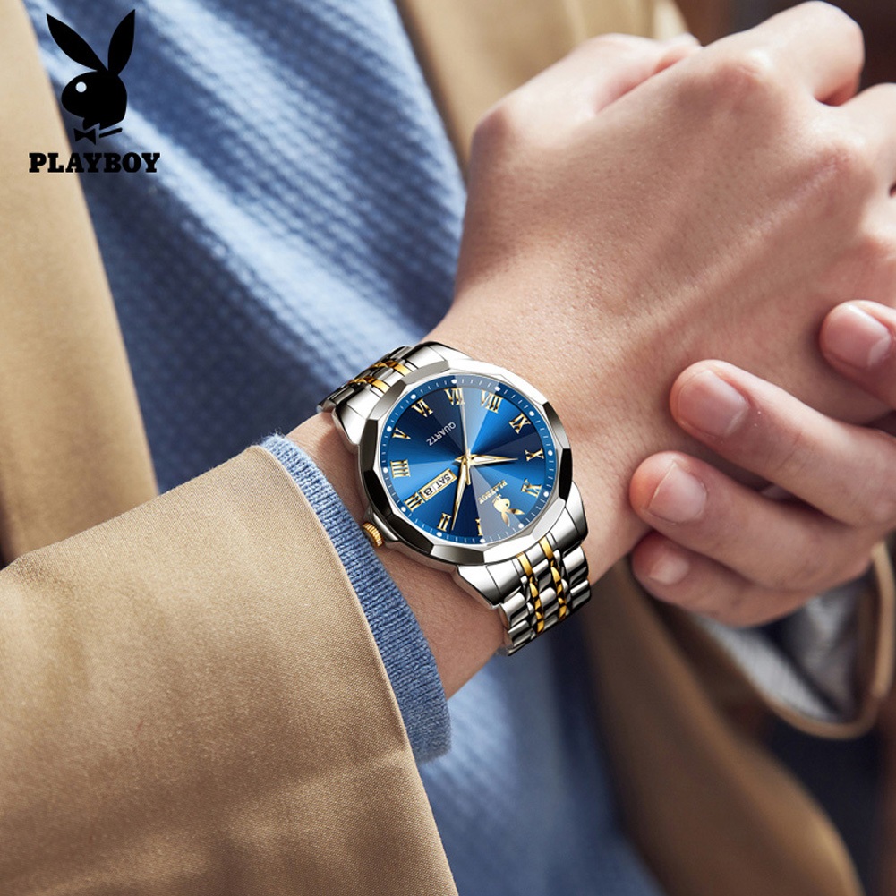 PLAYBOY นาฬิกา ผู้ชาย แฟชั่น watch 100% แท้ นาฬิกาข้อมือกันน้ำได้ ควอตซ์ สายสเตนเลส แสงสว่าง เรียบง่าย แนวโน้ม 3502-L