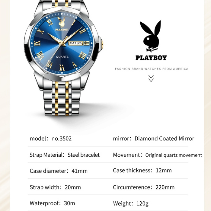 PLAYBOY นาฬิกา ผู้ชาย แฟชั่น watch 100% แท้ นาฬิกาข้อมือกันน้ำได้ ควอตซ์ สายสเตนเลส แสงสว่าง เรียบง่าย แนวโน้ม 3502-L