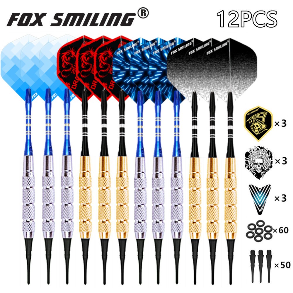 Fox ยิ้ม 12PCS 18g Dart Pin อิเล็กทรอนิกส์ Soft Tip ลูกดอกอลูมิเนียมไนลอน Dart Shaft 9PCS เที่ยวบิน, 60PCS ยาง O แหวน, 50PCS เคล็ดลับนุ่ม