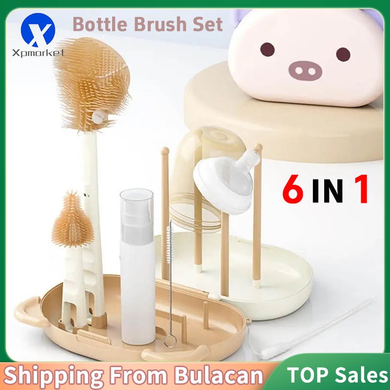 Xpmarket แบบพกพาซิลิโคน 6 ใน 1 ขวดแปรงทําความสะอาดขวดเดินทางชุดทําความสะอาดขวดราวตากผ้า