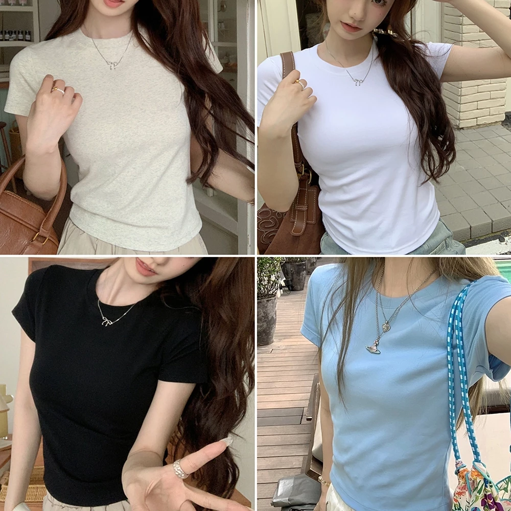Betty House🎀พร้อมส่ง เสื้อยืดขาว เสื้อเกาหลี แขนสั้นผู้หญิง ดูผอมลง น่ารัก สีพื้น รัดรูป