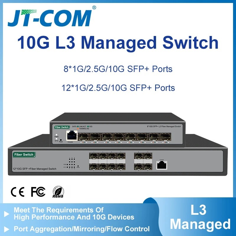 JT-COM สวิตช์เครือข่าย L3 Managed | 8 พอร์ต 10G SFP+ | รองรับ 1G/2.5G/10G | สวิตช์ไฟเบอร์ออปติก | VL