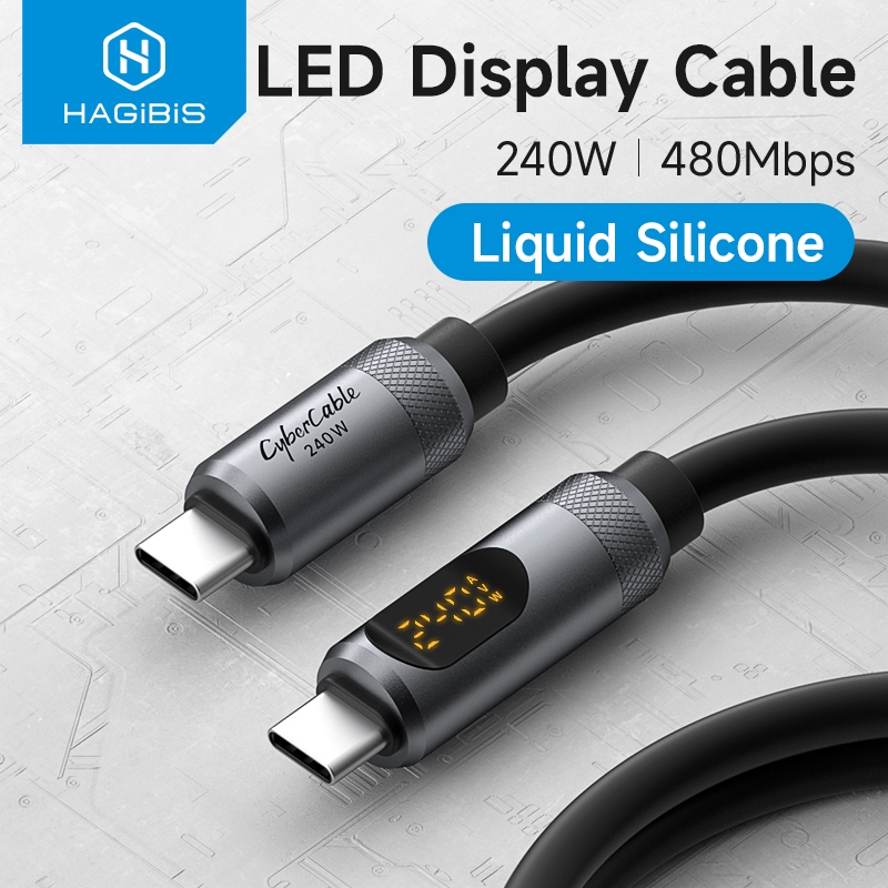 Hagibis สาย USB C พร้อมจอแสดงผล LED USB C ถึง Type- C สายชาร์จเร็ว PD 240W สายชาร์จสําหรับ iPhone 16/15 Macbook iPad พิกเซล