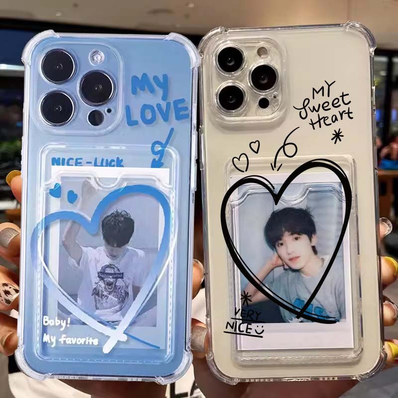Love Heart Card Holder Slotกระเป๋าเคสโทรศัพท์สําหรับXiaomi Redmi 13C 12C 10Cหมายเหตุ13 Pro 12 12s 11 10 9 8t 9A 9C 9TซิลิโคนใสกันกระแทกAir cushion shell